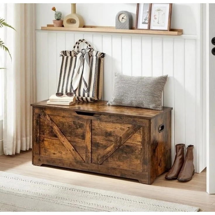 Vasagle Aufbewahrungsschrank, Spielzeugtruhe, Schuhbank, Sitztruhe, Sitzbank mit Stauraum, Sicherheitsscharniere, Holzspanplatte, vintagebraun, 100 x 40 x 46 cm – Bild 1