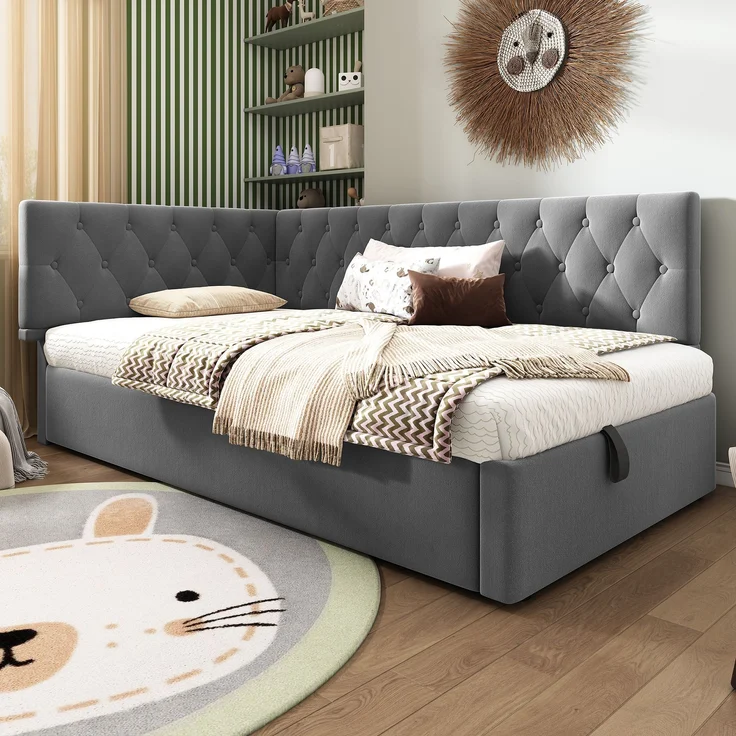 Schlafsofa L-Form Grau Samt Stauraum Hydraulisch 90x190 cm Beige Rosa Kopfteil beidseitig montierbar – Bild 1
