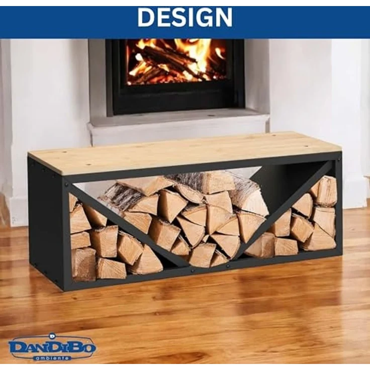 DanDiBo Kaminholzregal Innen mit Sitzbank Bank Metall Schwarz 96602 Brennholzregal Holzaufbewahrung Kaminholzständer Feuerholzregal – Bild 5