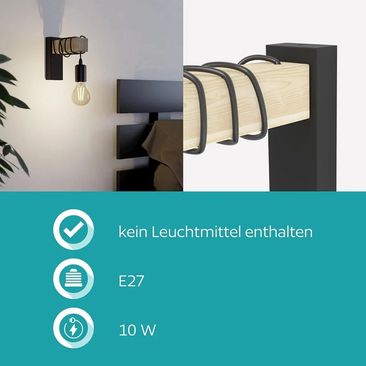 Eglo Wandleuchte Townshend schwarz natur 21,5 x 6,5 x 19 cm E27 – Bild 4
