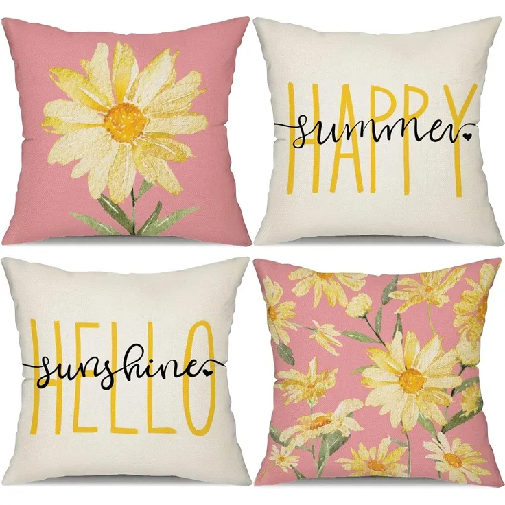 Sommer Kissenbezüge 40×40 cm 4er-Set Gelb-Pink Gänseblümchen, “Hello Sunshine”, Outdoor Couch