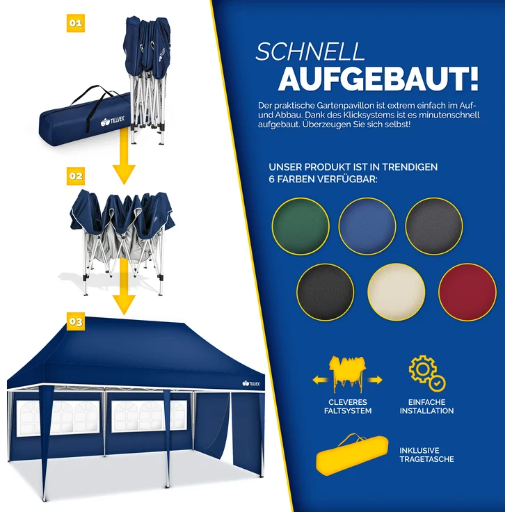 tillvex Pavillon 3x6m - mit 3 Seitenwänden Blau wasserdicht | Pop-Up Faltpavillon höhenverstellbar | Gartenzelt UV Schutz 50+ | Partyzelt mit Tasche für Garten – Bild 8