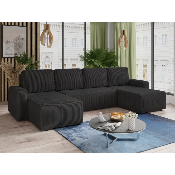 Wohnlandschaft mit Schlaffunktion Roma - U-Form Couch, Schlafsofa mit Bettkasten, Couchgranitur mit Bettfunktion, Big Sofa, Cord Stoff (Schwarz (Poso 135))
