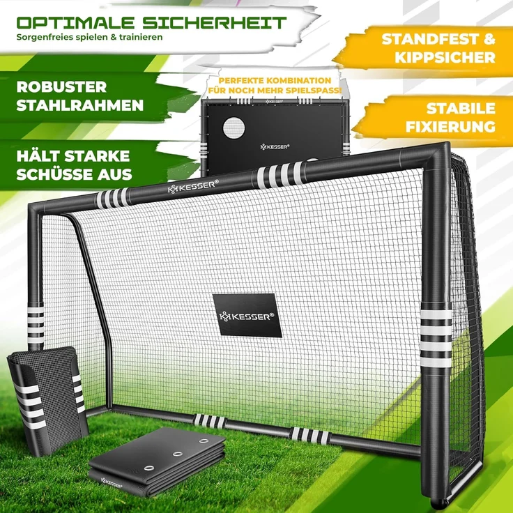 KESSER® Fußballtor für Garten robustes Outdoor Training Schusstraining UV-beständigem Netz, Stahlrahmen mit Polsterung, Erdhaken, Luftpumpe, Hüttchen, Montagezubehör für Kinder und Erwachsene Schwarz, 300cm, mit Torwand – Bild 5