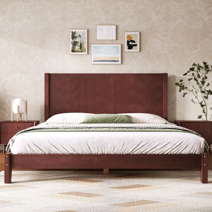 Merax Doppelbett, 160x200 Plattformbett mit Kopfteil und Lattenrost, Braun – Bild 3
