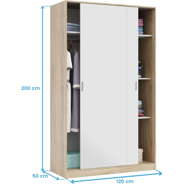 Kleiderschrank mit Zwei Schiebetüren und DREI Einlegeböden, Eichenfarbe und Mattweiß, Maße 120 x 200 x 50 cm – Bild 3