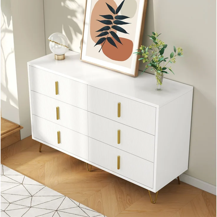 DESVIAE Sideboard mit 6 Schubladen, 120x77x40 cm, aus Spanplatte, Weiß/Gold – Bild 6