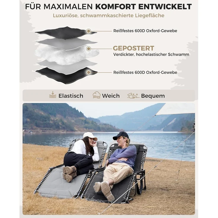 KingCamp Übergroße Sonnenliege Klappbar 5-Fach Verstellbar Gartenliege Liegestuhl Dreibeinliege Liege Campingliege mit Kopfkissen und Seitentasche bis 150 kg für Garten Urlaub Strand Pool 200x68 cm – Bild 4