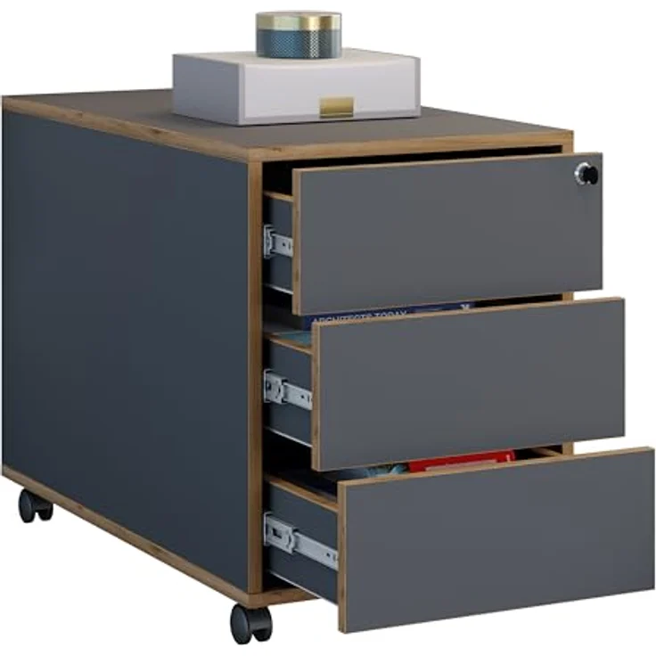 MID.YOU Rollcontainer, Anthrazit/Honigeiche, Holzwerkstoff mit 3 Schubladen, 42x50x70 cm, griffloses Öffnen – Bild 1
