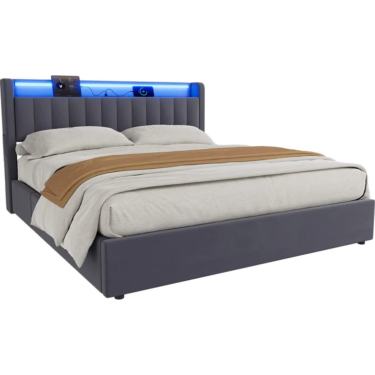 Polsterbett 180 x 200 cm aus Samt mit integriertem Stauraum, USB-Anschluss und LED-Beleuchtung, Dunkelgrau – Bild 6