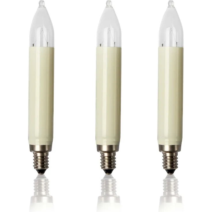 hellum Ersatz-Kerzen für Weihnachtsbaum Kerzen Lichterketten innen und außen, 3 Stück 23V 3W Schaftkerze für Kerzen Lichterketten mit 10 Brennstellen, ø15mm E10/ 23V/ 3W/ 22Lumen 908039