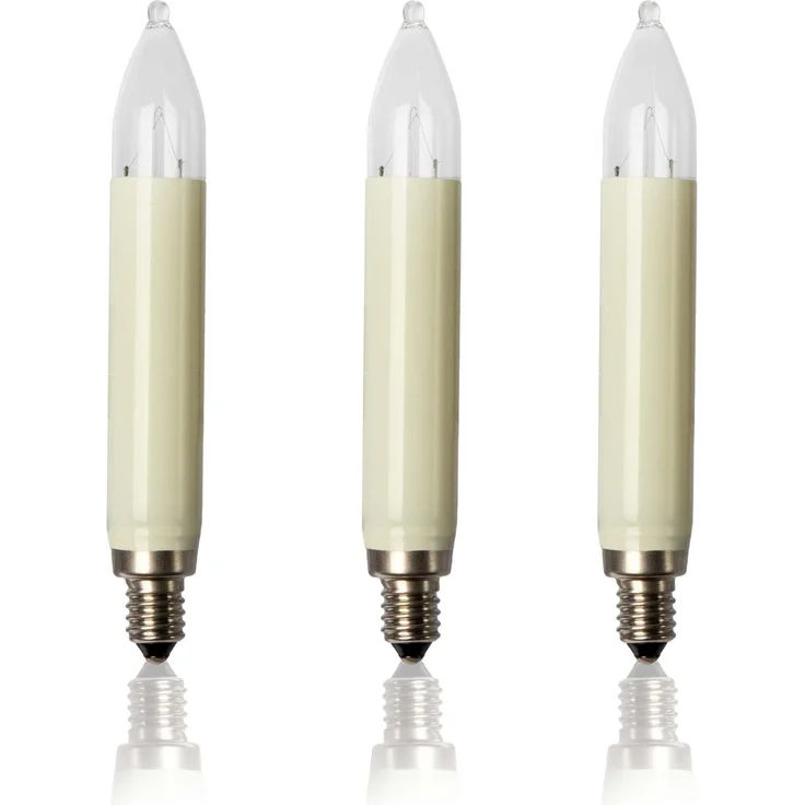 hellum Ersatz-Kerzen für Weihnachtsbaum Kerzen Lichterketten innen und außen, 3 Stück 23V 3W Schaftkerze für Kerzen Lichterketten mit 10 Brennstellen, ø15mm E10/ 23V/ 3W/ 22Lumen 908039
