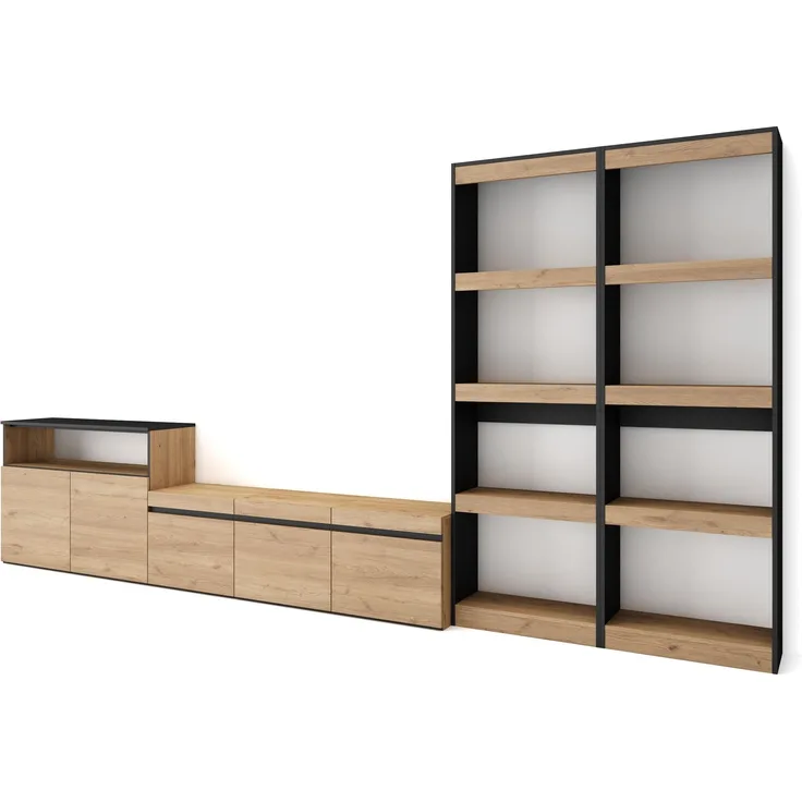 Skraut Home | Wohnwand Wohnzimmer | Wohnzimmermöbel, Möbelset | 370 x 186 x 35 cm | Für TV-Geräte bis zu 65" | Wohnzimmer Möbel | Moderner Stil | Eiche Schwarz