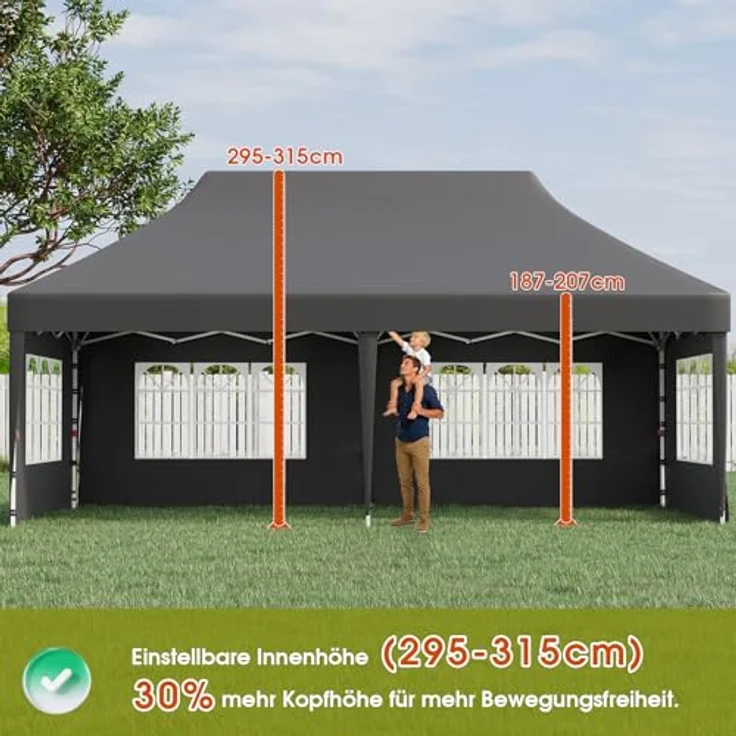 JUMMICO Faltpavillon 3x6 mit Hoher Spitze, um 60% Verbesserte Regenschutzleistung. UV 50+, Pavillon 3x6 Wasserdicht Stabil Winterfest, Shelter mit seitenwänden, für Garten und Camping, Dunkelgrau – Bild 3