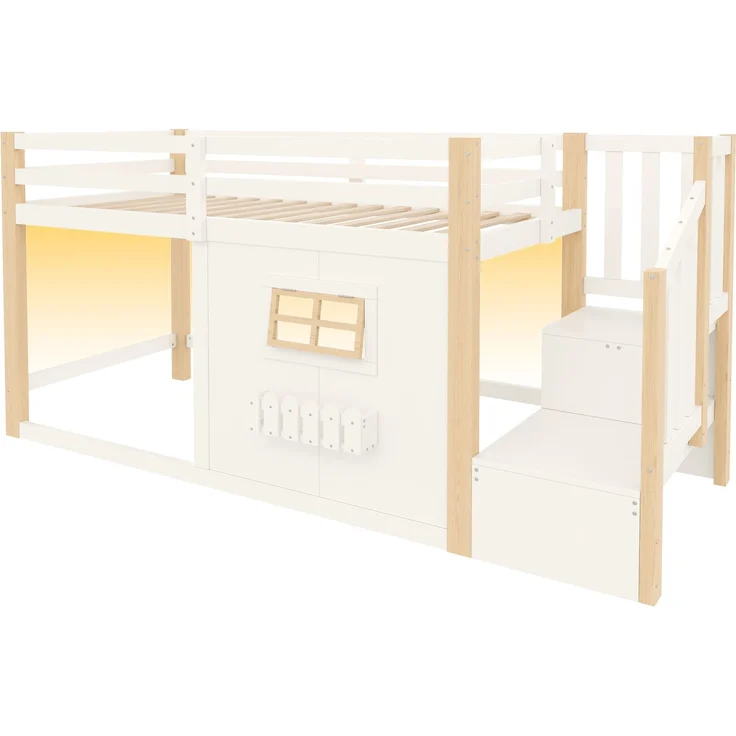 Merax Kinderbett, Hochbett, 90 x 200 cm, Kiefernholz, Fenster, Aufbewahrungsleiter, LED-Lichtleiste, Ohne Matratze, Natur + Weiß – Bild 9
