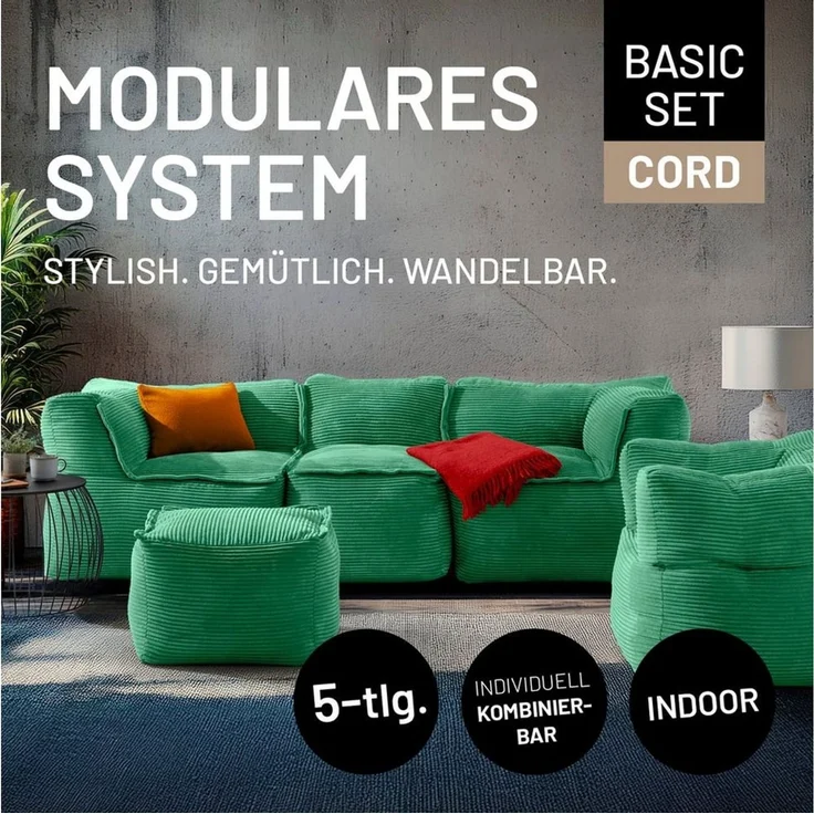 Lumaland Loungeset Modular Basic Set Cord 5tlg. - Indoor Sitzsack Sofa mit Sessel & Pouf, 5 x XXL Indoor Bean Bag mit Füllung - Modulares Sofa mit EPS Perlen – Bild 4