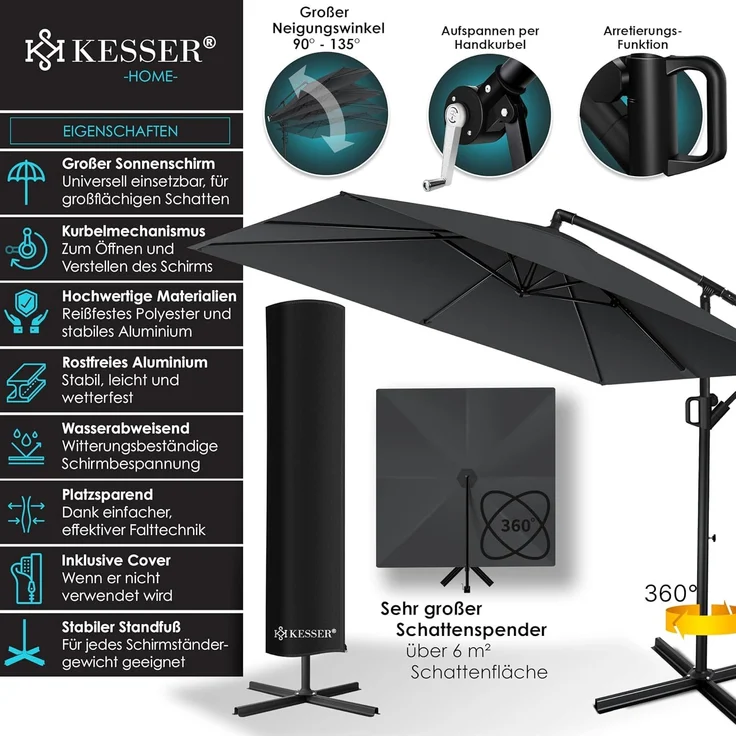 KESSER® 'Holly' Ampelschirm ohne LED Solar, inkl. Ständer, Abdeckung & Windsicherung mit Kurbel, Aluminium anthrazit, Ø 350 cm – Bild 2