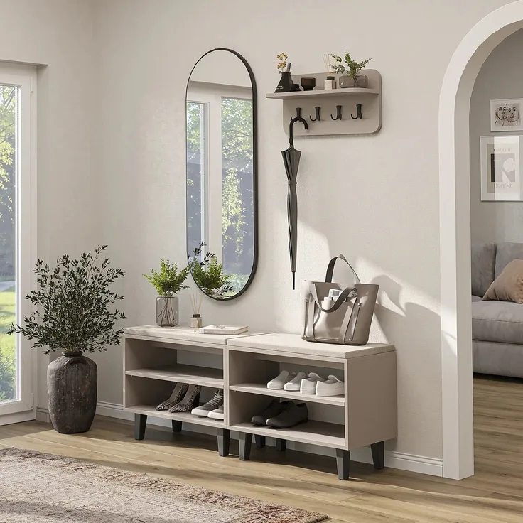 Roomart NORD Garderobenset 4-teilig – 2 offene Sitzbänke, Wandgarderobe & ovaler Spiegel – Flurgarderobe – H 53 x B 73.6 x T 35 cm (Sitzbank) • Beige