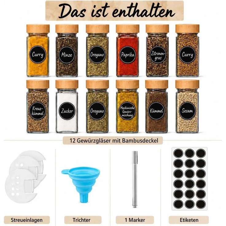 Gewürzgläser Set 12 Stück, 120ml mit Deckel, Bambus, Gewürzstreuer – Bild 5