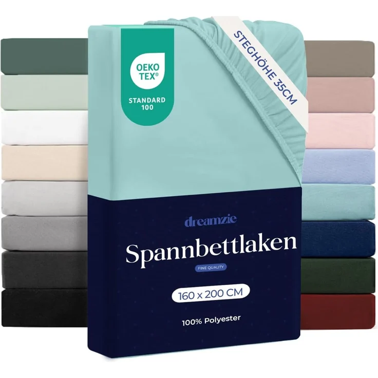 Dreamzie Spannbetttlaken 160x200 cm - Hoher Steg bis 33 cm - 100% Mikrofaser - Aqua - Schadstoffgeprüft (Oeko TEX), Bettlaken mit Gummizug – Bild 1