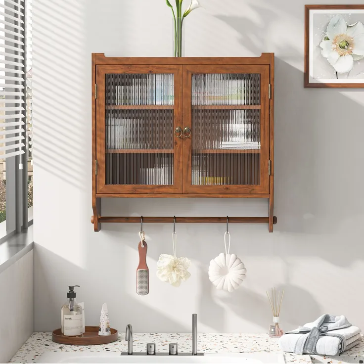 DESVIAE Vitrine zur Wandmontage mit Glastüren, 63x60x18 cm, Massivholz, MDF und Glas, Braun