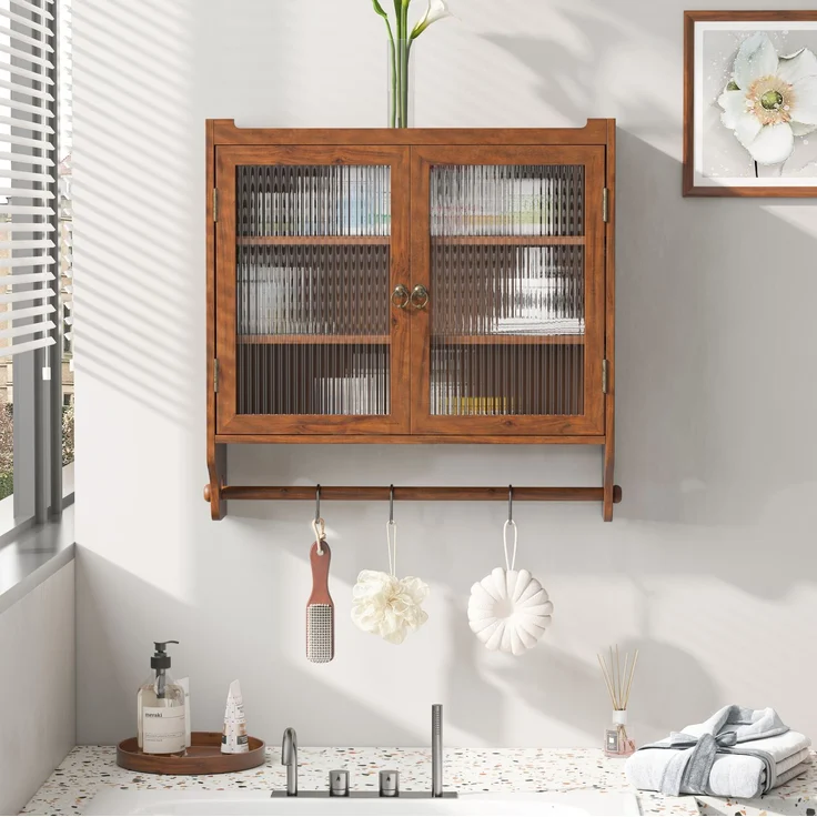 DESVIAE Vitrine zur Wandmontage mit Glastüren, 63x60x18 cm, Massivholz, MDF und Glas, Braun – Bild 1