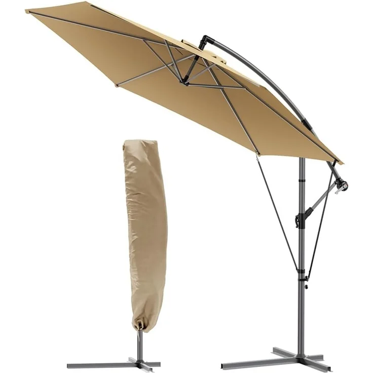 VOUNOT Ampelschirm 300 cm, Sonnenschirm mit Kurbelvorrichtung, Windsicherung und Schutzhülle, Sonnenschutz UV-Schutz, Gartenschirm Marktschirm Kurbelschirm, Khaki