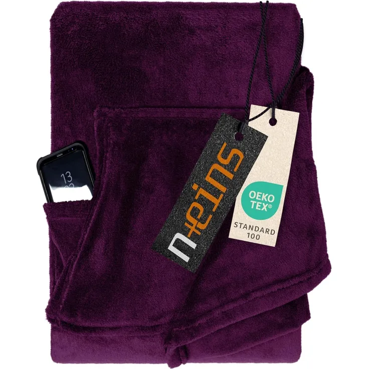 npluseins Coral Fleece Kuscheldecke – das Original mit Ärmel & Bauchtasche 1448. 2043, Beere
