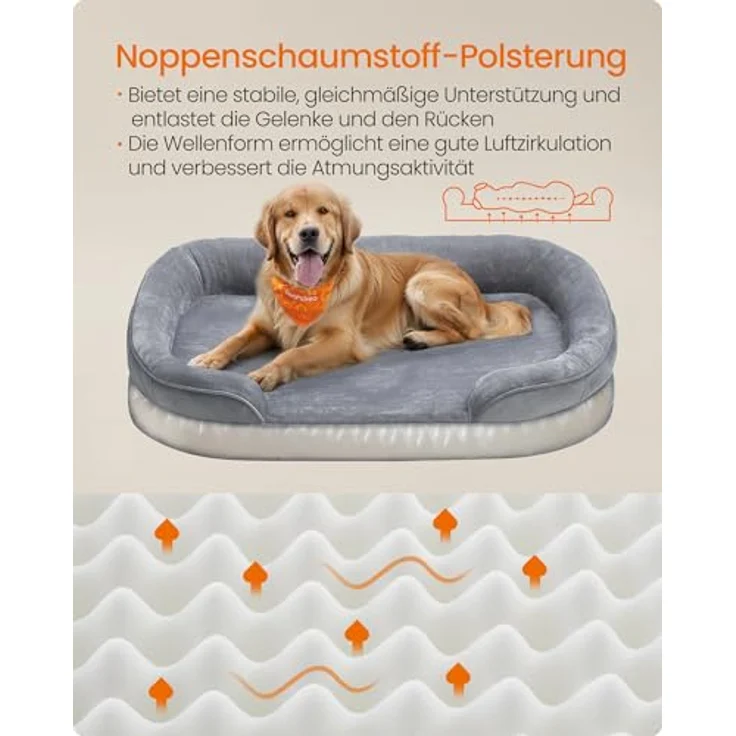 Feandrea Hundebett, Hundekissen, für große Hunde, 106 x 76 x 18 cm, orthopädisch, wasserdichte Innenschicht, erhöhte Ränder, Abnehmbarer, waschbarer Bezug, rutschfest, hellgrau PGW283G01 – Bild 4