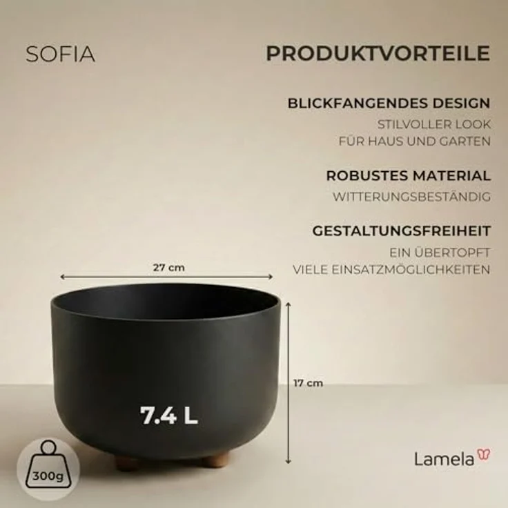 LAMELA Kunststoff Blumentopf rund mit Füßen, Ø 27 cm, 7,4 L - Schwarz – Bild 2