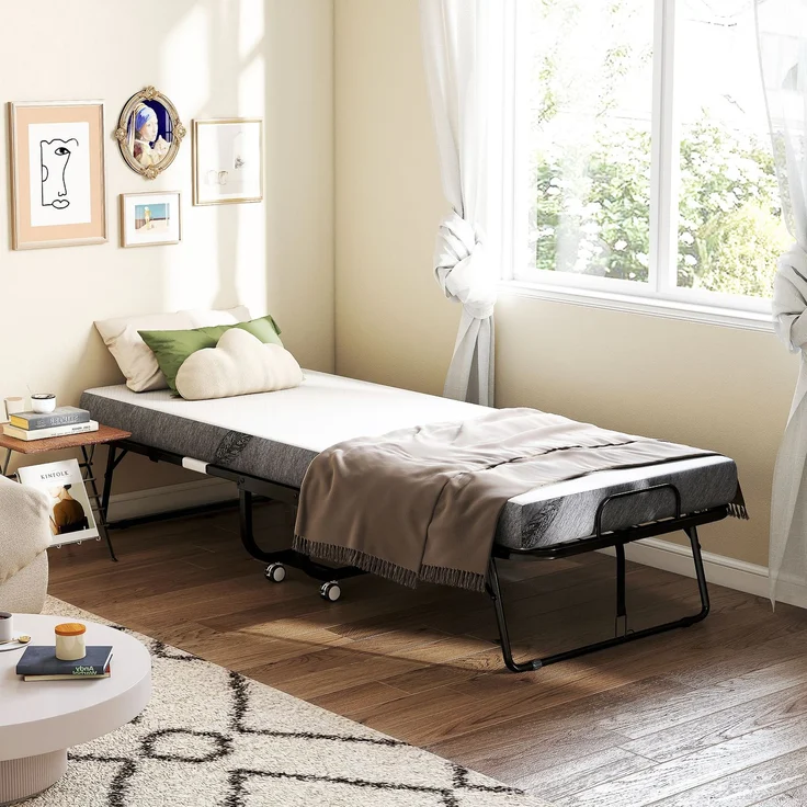 Klappbett für 1 Person, 200 x 80 cm, mit Matratze, zusammenklappbares und transportables Zusatzbett auf Rollen, Stahlrahmen, weiß – Bild 4