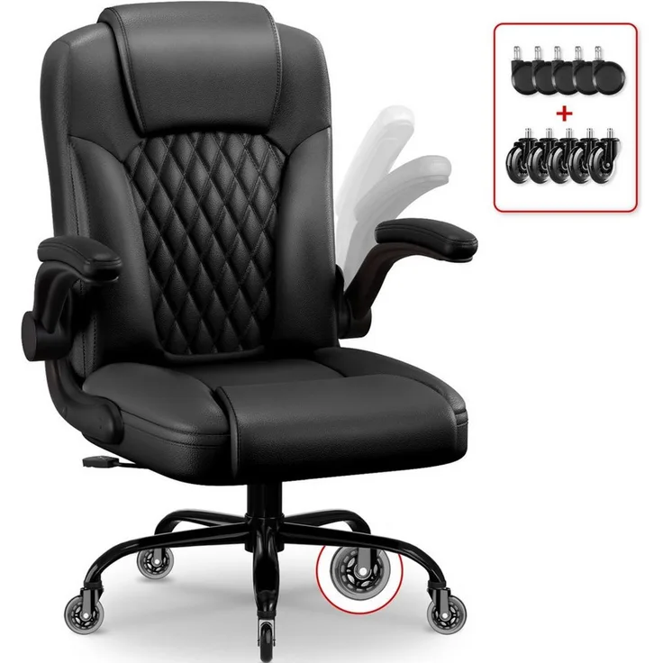 Homimaster Bürostuhl Ergonomisch, Kunstleder Schreibtischstuhl 90° Klappbaren Armlehnen (Schreibtisch Stuhl 90-120° Wippfunktion, Ergonomischer Bürostuhl mit Lendenwirbelstütze), Schreibstuhl Höhenverstellbar, 150kg Belastbar