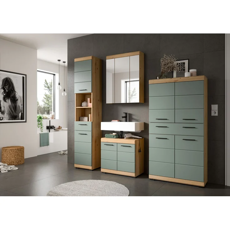 Xonox Scout Badmidischrank (B/H/T: 74x141x31 cm) in Salbei und Artisan Eiche Nachbildung – Bild 5