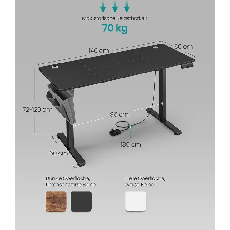 Songmics höhenverstellbarer Schreibtisch elektrisch, Holzspanplatte Tintenschwarz, 60 x 140 x (72-120) cm – Bild 2