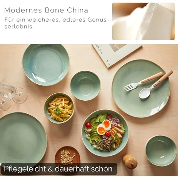 JIWOO Geschirr-Set 16er Kombiservice Teller-Set Tafelservice Schüssel-Set Speiseteller (16-tlg), 4 Personen, Keramik, Hochwertiges Geschirr set Grün Mikrowellen spülmaschinenfest – Bild 6