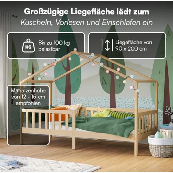 Bellabino Bia Kinderbett 90x200 cm – Hausbett mit Matratze, Rausfallschutz & Lattenrost – Montessori Bodenbett aus Massivholz Kiefer – Kinder Bett in Natur für Jungen und Mädchen – Bild 6