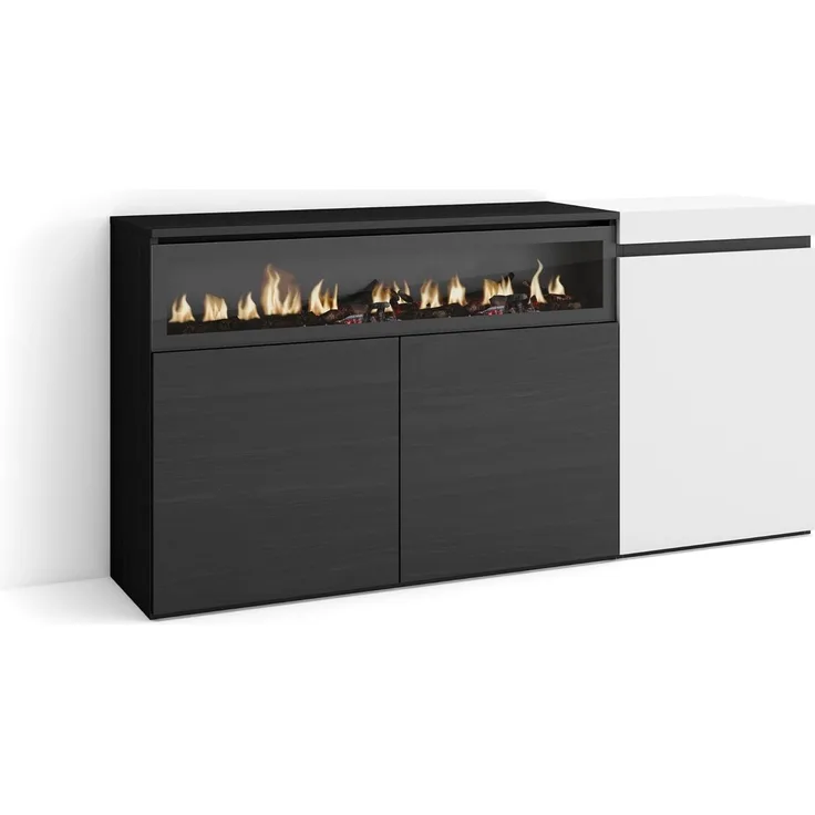 Skraut Home | Sideboard, Highboard | Kommode, Komodenschrank | 150 x 75 x 35 cm | 3 Türen | Elektrokamin. Maße | Moderner Stil | Weiß und Schwarz