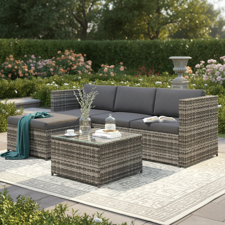 Merax Polyrattan Gartenmöbel Set (2-tlg), Balkonmöbel Set Kleiner Balkon Loungeset, Terassenmöbel Wetterfest mit Sofa, Tisch, Hocker und Kissen, Grau