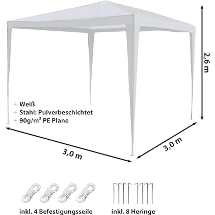 CEPEWA Partyzelt Pavillon 3x2,6x3m weiß, PE Plane 90g/m² mit 4 Seilen und 8 Heringen – Bild 2