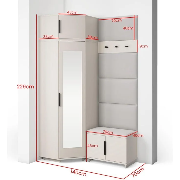 Garderoben-Set Napoli Version 18: Eckschrank mit Polsterpaneelen, Schuhschrank Flur und Eingangsbereich (Cashmere/Trinity 15), 225 x 70 x 140 cm – Bild 2