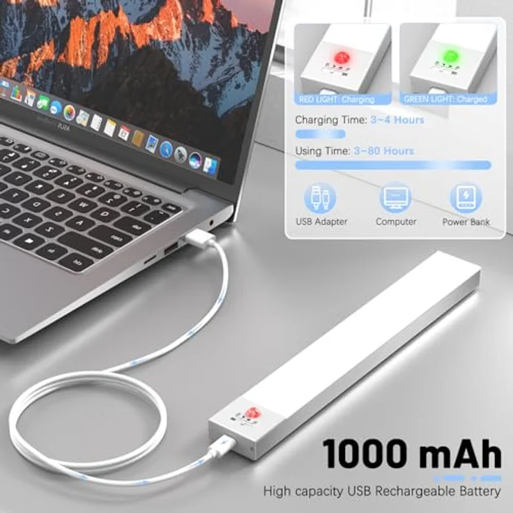OUILA Schrankbeleuchtung LED mit Bewegungsmelder 2 Stück Schranklicht Schrankleuchte Led Leiste Batterie USB Wiederaufladbar Unterbauleuchte Küche für Kleiderschrank, Treppe, Kofferraum, RV – Bild 5