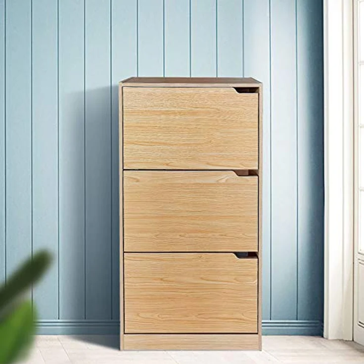 BAKAJI Schuhschrank aus MDF-Holz mit 3 Türen, Schuhregal, versenkbare Griffe, doppelte Tiefe, kompakte Größe, 63 x 24 x 115 cm, platzsparend, Eingangsbereich zu Hause (Eiche) – Bild 7