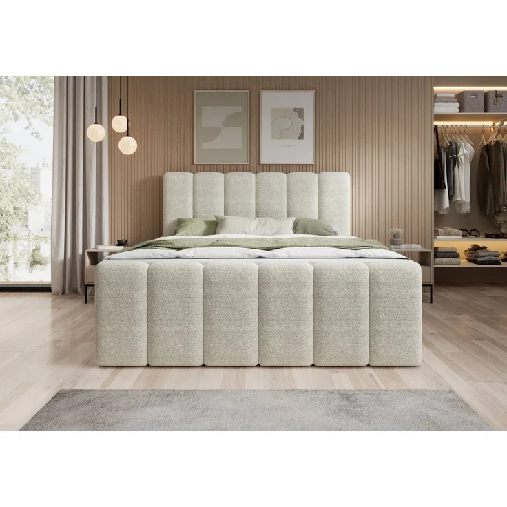 thematys Boxbett mit Bettkasten 140x200cm, mit Bonnellfederkernmatratze H3, Bouclé/Velours, mit Stauraum, mit 3 cm Topper, Beige (Fredo 20) – Bild 2