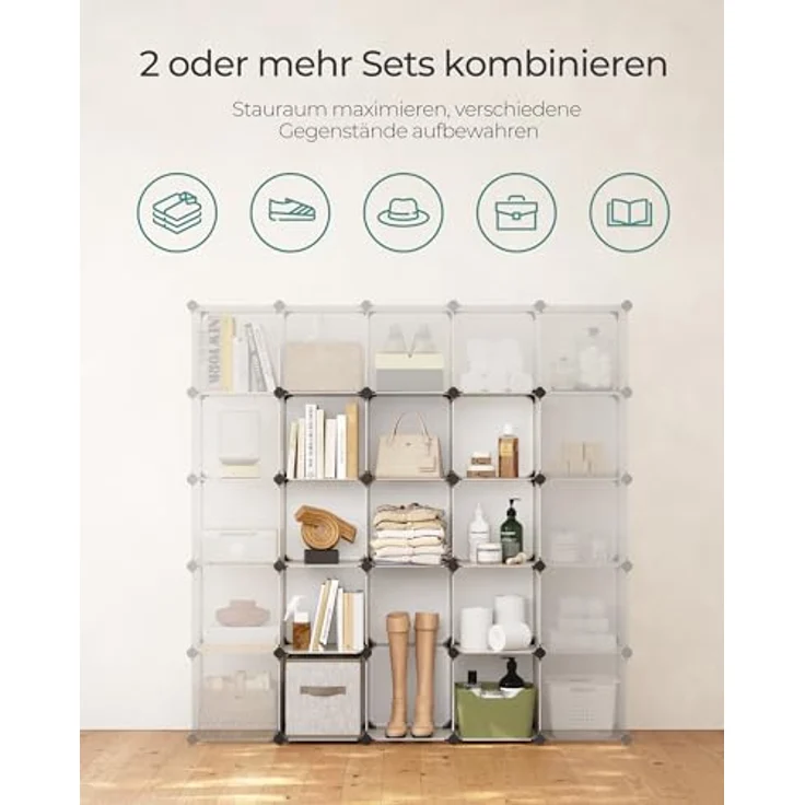 Songmics Schuhregal, Set aus 16 Würfeln, Regalsystem, DIY Würfelregal, stapelbar, aus PP-Kunststoff, als Garderobe, Raumteiler, für Schlafzimmer, Büro, 31 x 123 x 123 cm, weiß LPC44L – Bild 8