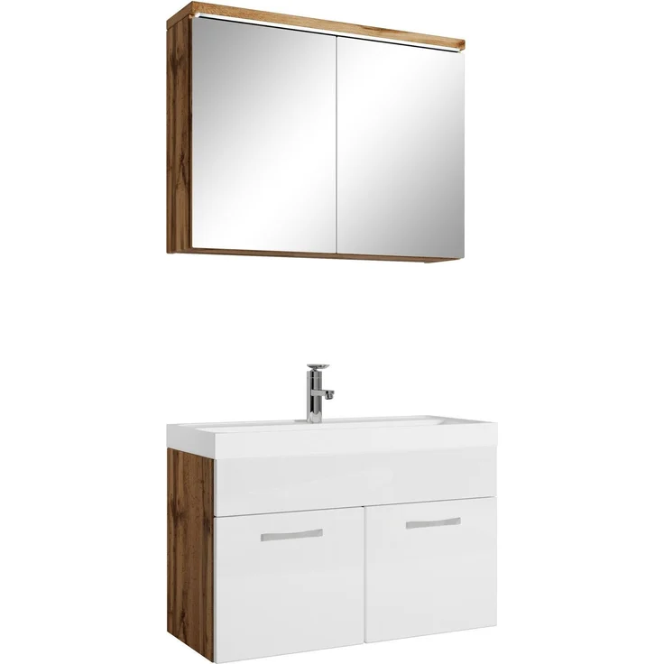 Badplaats Badmöbel Komplettset Paso 02 80 x 40 cm Eiche mit Weiß Hochglanz - Badezimmermöbel mit Waschbecken und Spiegelschrank – Bild 1