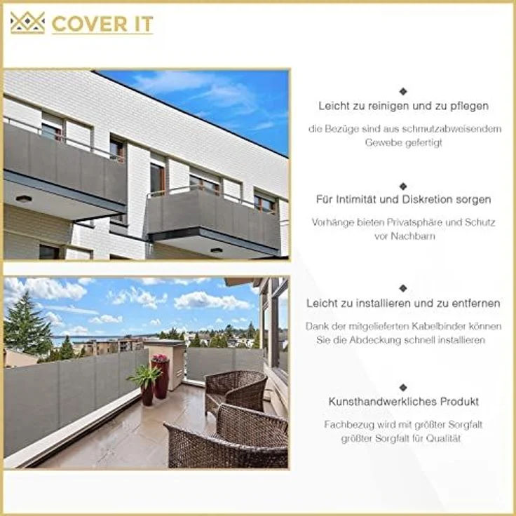 COVER IT Balkon Sichtschutz Ohne Bohren Balkonsichtschutz GRAU mit Ösen 90x700 cm Sichtschutz Balkon Ohne Bohren - Sichtschutz für Balkon Terrasse - Sichtschutz Balkongeländer – Bild 5