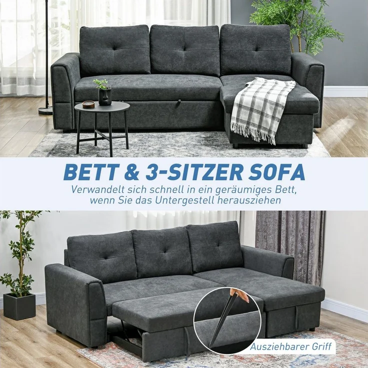 HOMCOM Ecksofa 3 Sitzer Couch mit Stauraum, Chaiselongue, Leinenoptik, Schlafsofa 1 Teile, Polstersofa für Wohnzimmer, Dunkelgrau – Bild 4
