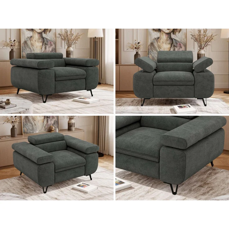 Einzelsessel, Polstersessel PETER mit verstellbaren Armlehnen und Kopfstütze, 1-Sitzer Sofa, Ohrensessel, Wellenfeder - Dunkelgrau Struktur – Bild 2