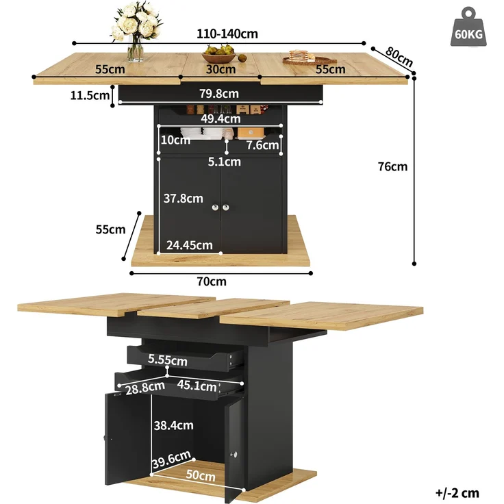 Esstisch Teleskoptisch(110-140×80cm), klappbarer Küchentisch für 4-6 Personen, Ausziehbarer Esstisch ,platzsparender Küchentisch, Tisch mit zwei Schubladen und einem Aufbewahrungsschrank – Bild 4