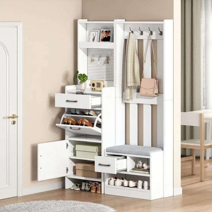 Merax Garderobenständer 7-in-1 Garderobenschrank in Weiß, (1 St, 110x35x175,5 cm), Garderobenständer mit Schuhbank, 2 Schubladen, Schrank, 7 Haken & Rega